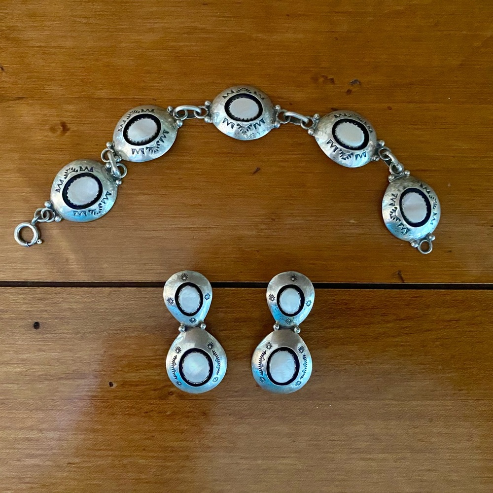 TEDDY GOODLUCK Sterling Silver MOP Shadow Box Bracelet & Earring Set